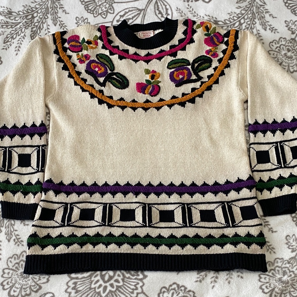 Vintage 3-D Embroidered Knit Floral Sweater
